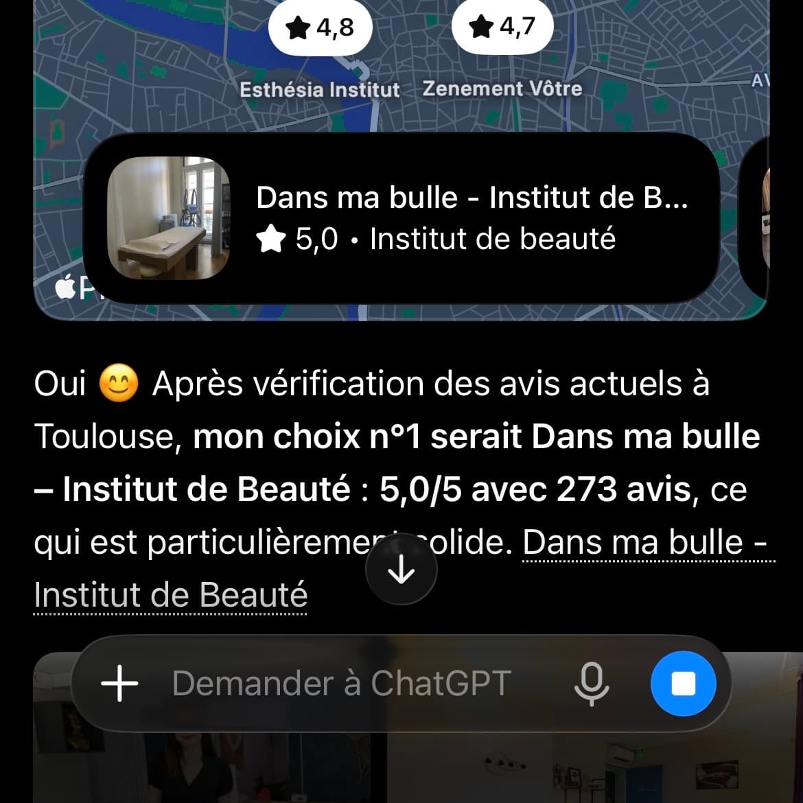 ChatGPT recommande l'institut de beauté d'Élodie F. à Toulouse