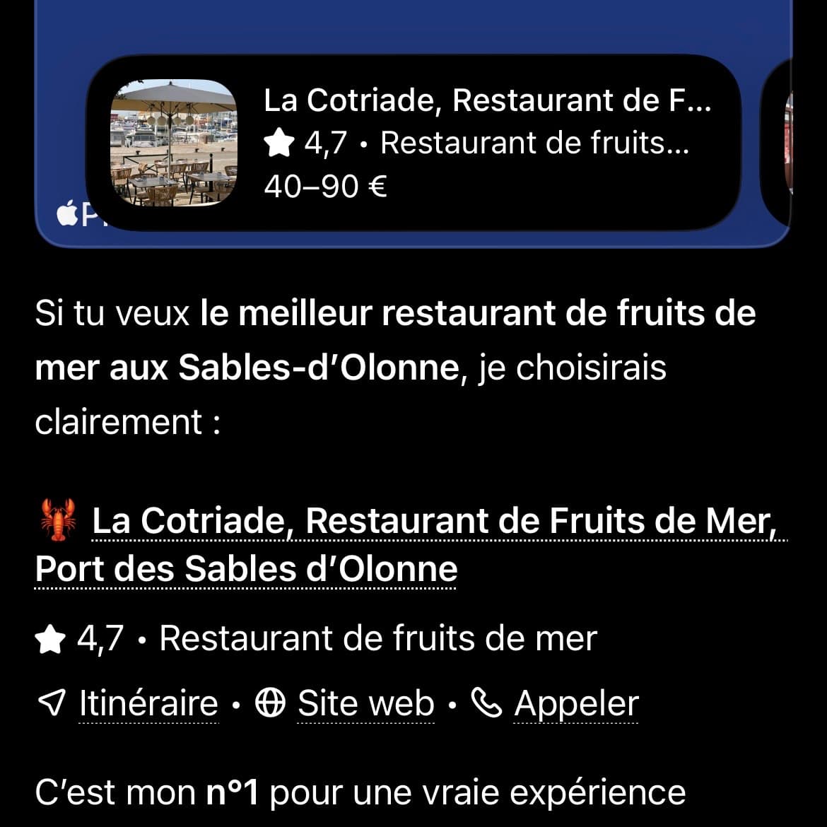 ChatGPT cite La Cotriade en tête des restaurants de fruits de mer aux Sables-d'Olonne