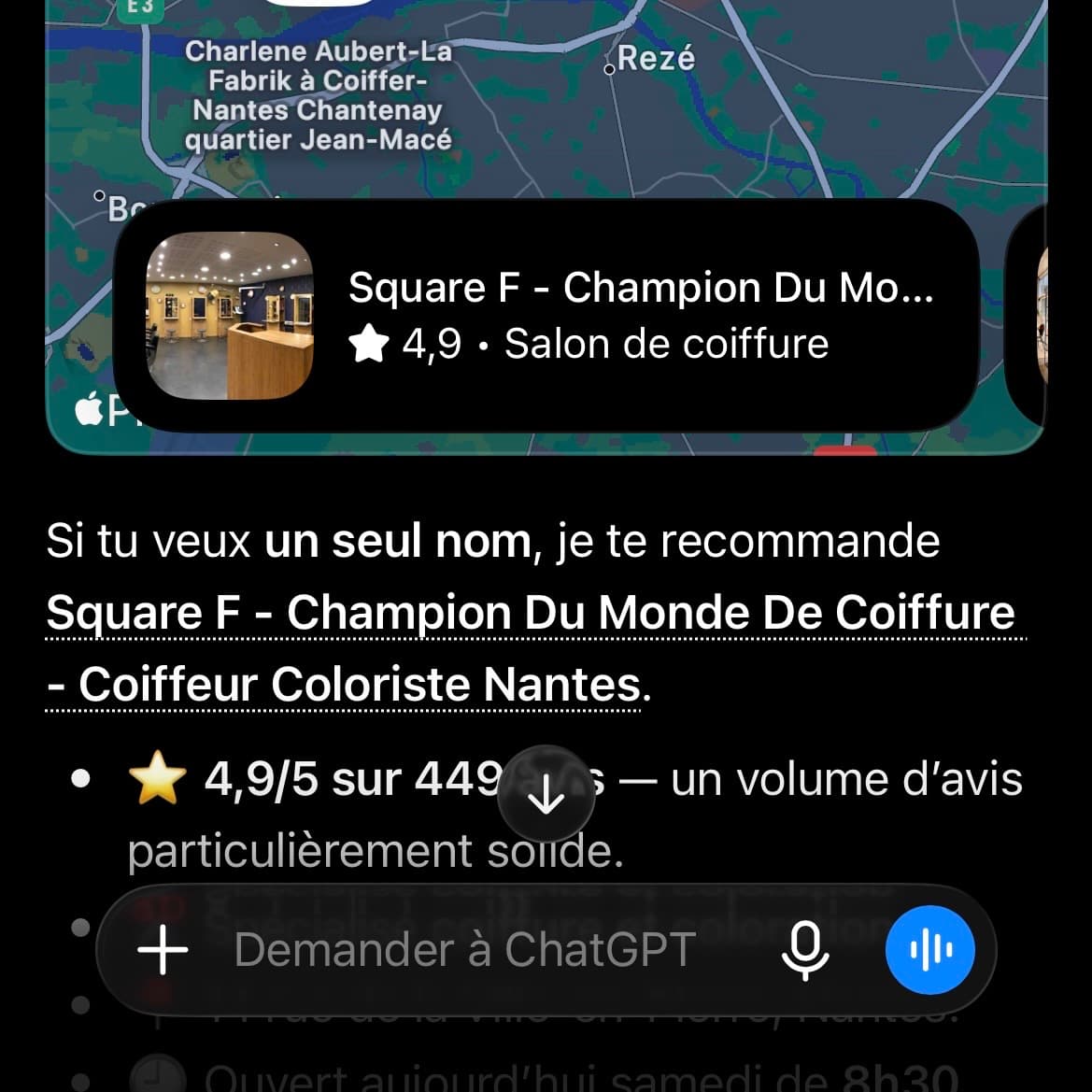 ChatGPT recommande le salon de coiffure de Sarah B. à Nantes