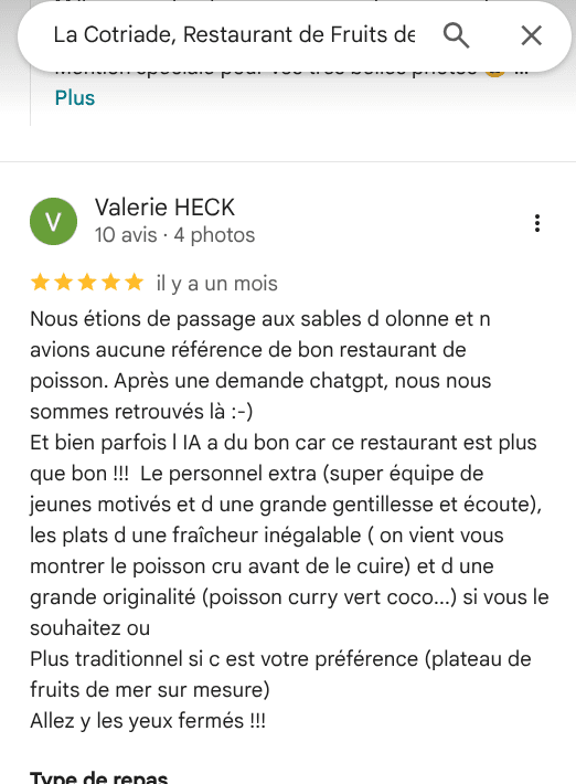 Avis Google d'une cliente venue au restaurant après une recommandation de ChatGPT