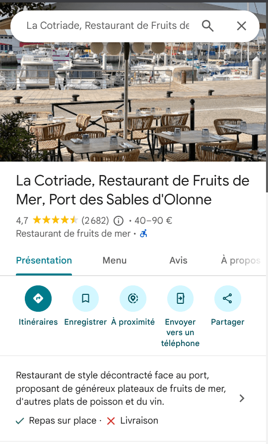 Fiche Google Maps de La Cotriade, 4,7 étoiles sur 2 682 avis